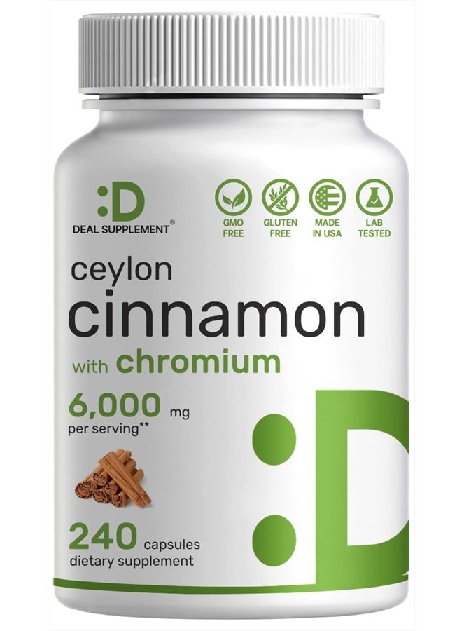 Eagleshine Vitamins قرفة سيلان 6000 ملغ مع الكروم 1000 ميكروغرام، 240 كبسولة | مستخلص لحاء داخلي نشط، مصدر حقيقي من سريلانكا | مكملات قرفة طبيعية - Image 1