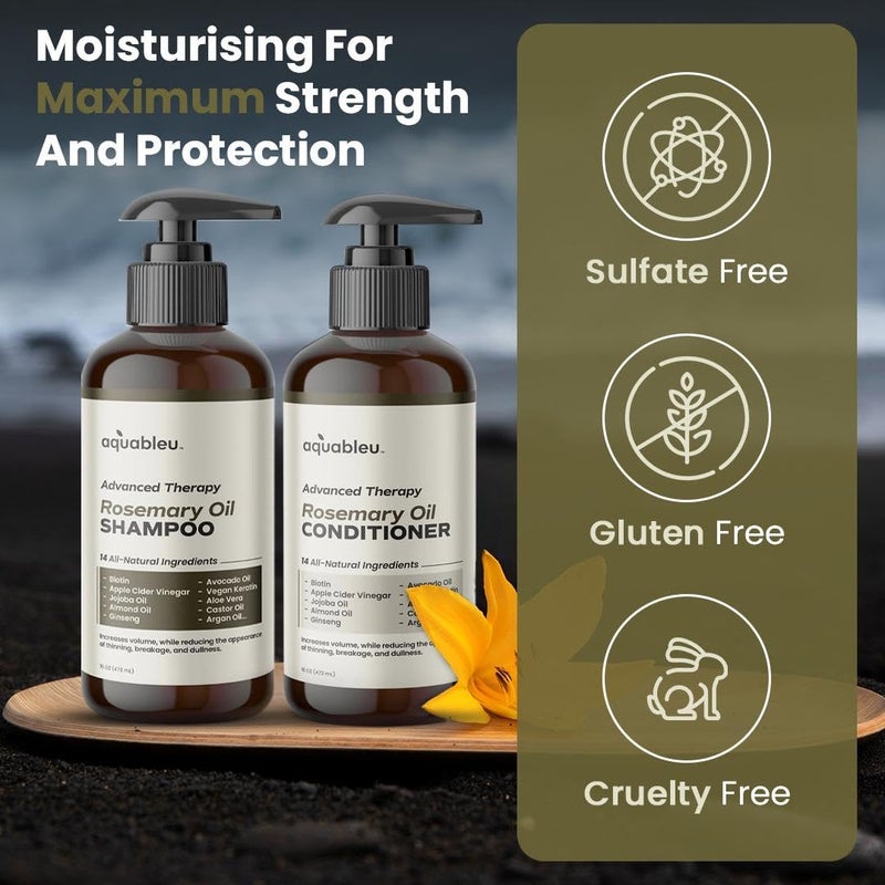 Aquableu Advanced Therapy Anti-Thinning Rosemary Oil Shampoo & Conditioner Set - Infused with 14 All-Natural Ingredients for Volume, Strength, Thickness, and Dullness Reduction (16oz) - Image 4