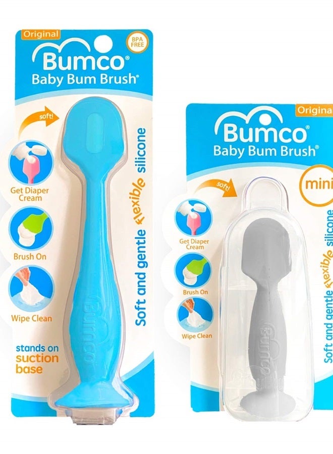 Baby Bum Brush Bumco 2-Pack Diaper Cream Spatula - Full-Size + Mini Baby Bum Brush with Travel CASE - Diaper Cream Applicator for Baby - Baby Necessities - Suitable for Aquaphor, Desitin - Blue & Gray - Image 1