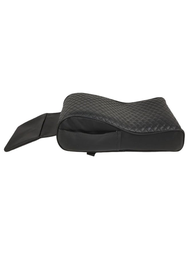 Universal Car Armrest Cushion with Memory Foam Support Black Quilted PU Leather Center Console Armrest Pad with Phone Pocket Ergonomic Elbow Support, Pressure Relief, Anti-Slip Adjustable Straps Fits Cars, SUVs, MPVs, Trucks - Image 1