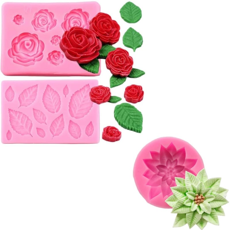 Skytail 3 Pack Rose Flower Silicone Molds Leaves Candy Moulds for Candle Making Aromatherapy Mini Soap Chocolate Fondant Sugarcraft Clay Cupcake Toppers Cake Decorating Candle Wax Polymer Clay Molds - Image 1