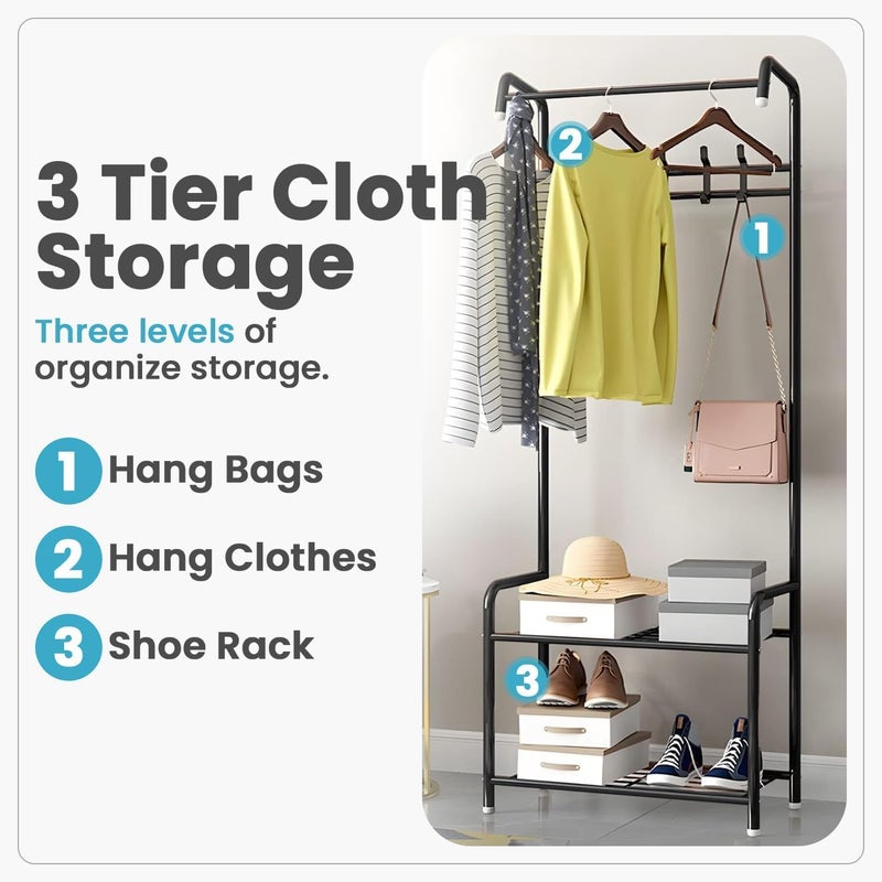 ZEESQUARE 3-in-1 Coat Rack, Shoe Rack, and Clothes Hanger Sturdy Entryway Organizer with 3 Hooks, 2 Shoe Shelves, and Hanging Rod for Jackets and Clothes Space-Saving Design for Home or Office (Black) - Image 4
