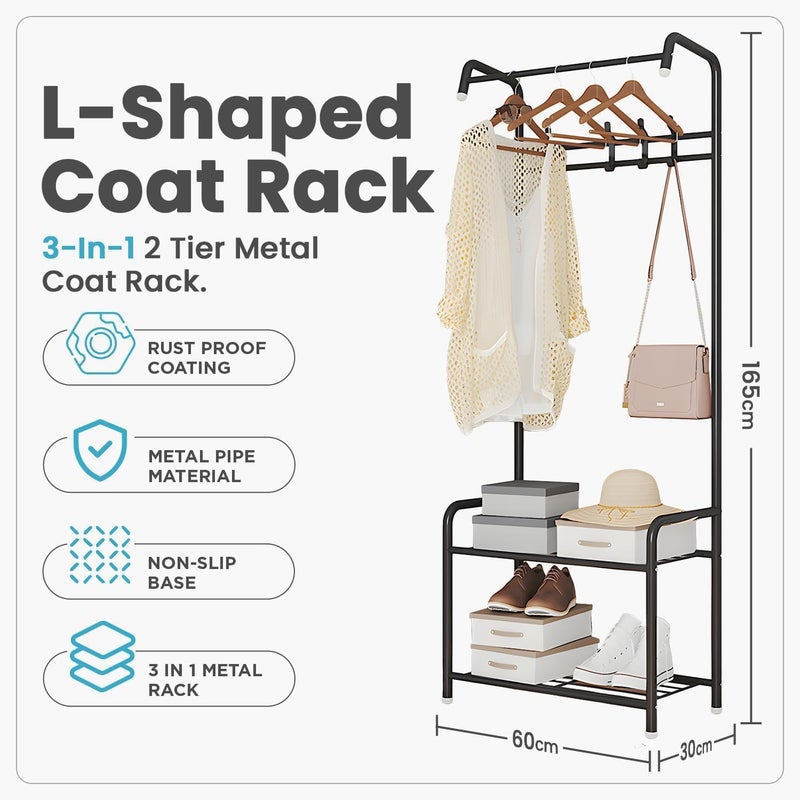 ZEESQUARE 3-in-1 Coat Rack, Shoe Rack, and Clothes Hanger Sturdy Entryway Organizer with 3 Hooks, 2 Shoe Shelves, and Hanging Rod for Jackets and Clothes Space-Saving Design for Home or Office (Black) - Image 2
