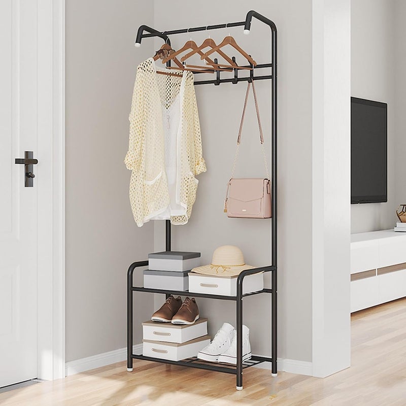 ZEESQUARE 3-in-1 Coat Rack, Shoe Rack, and Clothes Hanger Sturdy Entryway Organizer with 3 Hooks, 2 Shoe Shelves, and Hanging Rod for Jackets and Clothes Space-Saving Design for Home or Office (Black) - Image 1