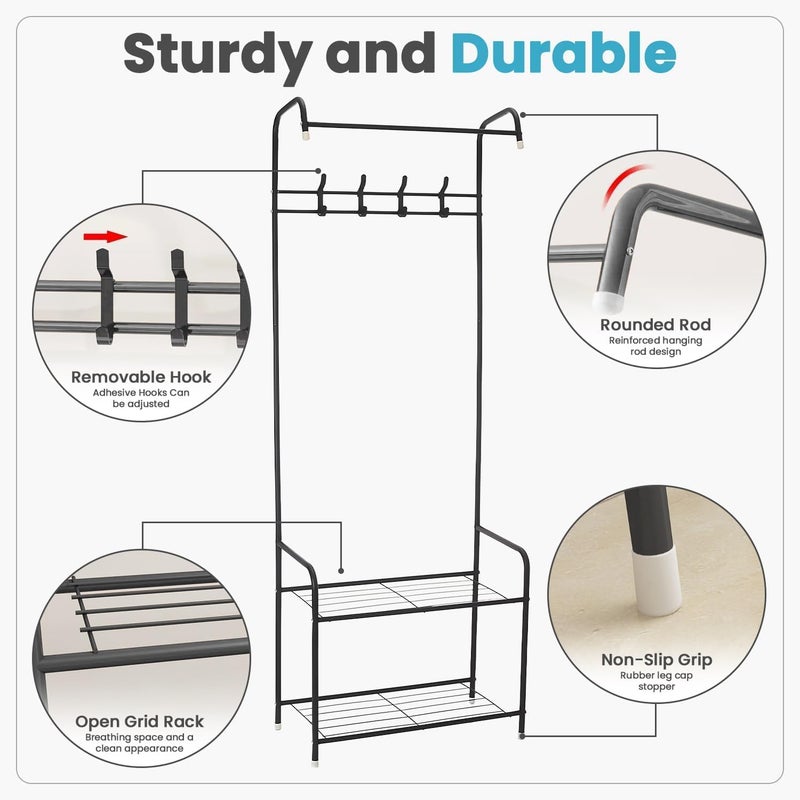 ZEESQUARE 3-in-1 Coat Rack, Shoe Rack, and Clothes Hanger Sturdy Entryway Organizer with 3 Hooks, 2 Shoe Shelves, and Hanging Rod for Jackets and Clothes Space-Saving Design for Home or Office (Black) - Image 3
