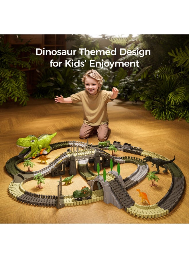 TUMAMA Dinosaur Toys Race Track, 281 Pcs Dinosaur Train Set for Kids 3-5 5-7, Flexible Train Tracks with 4 Dinosaurs Figures, 2 Electric Race Cars with Light, Create A Dinosaur Road Race for Toddlers - Image 1