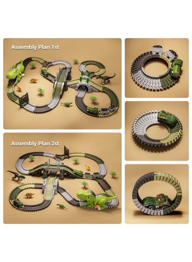 TUMAMA Dinosaur Toys Race Track, 281 Pcs Dinosaur Train Set for Kids 3-5 5-7, Flexible Train Tracks with 4 Dinosaurs Figures, 2 Electric Race Cars with Light, Create A Dinosaur Road Race for Toddlers - Image 4