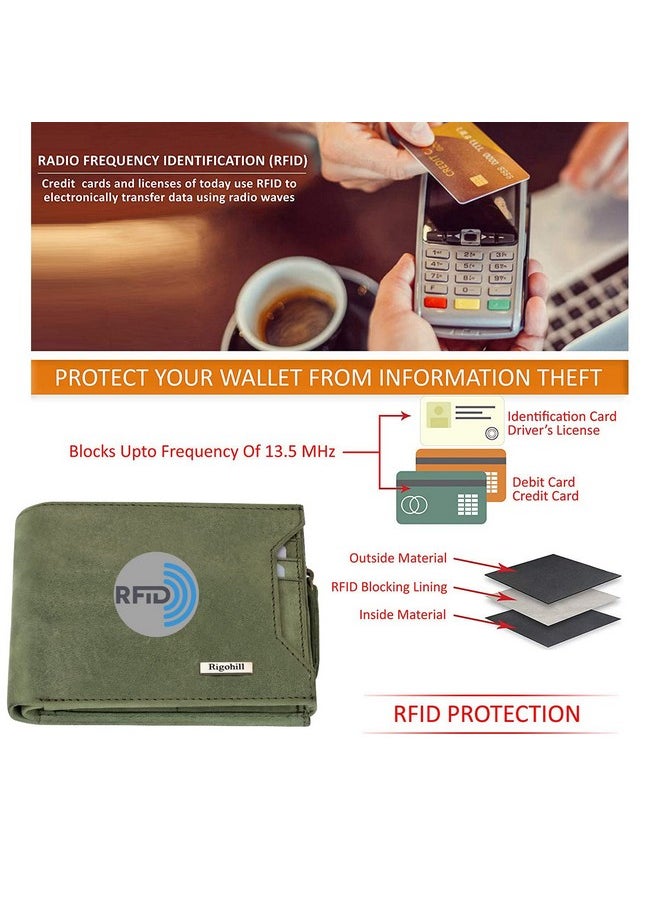 Rigohill RIGOHILL Cuba Olive Leather Wallet for Men | RFID Blocking Mens Wallet | Wallets Men Leather  - Image 5