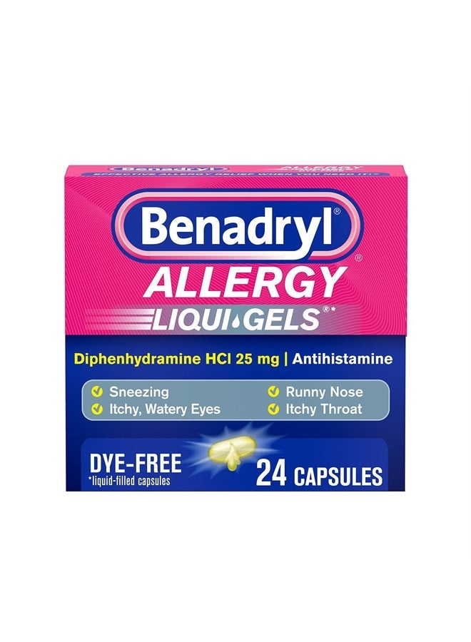 Benadryl دواء مضاد الهيستامين لعلاج الحساسية والبرد، خالي من الأصباغ، 24 كبسولة - Image 1