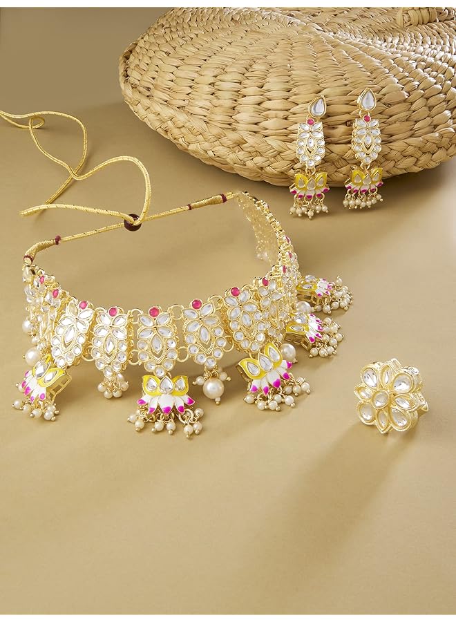 erorex Yellow And Pink Meenakari Lotus Drop Kundan Choker Necklace Earring And Ring Set For Women Zpfk13197 - Image 3