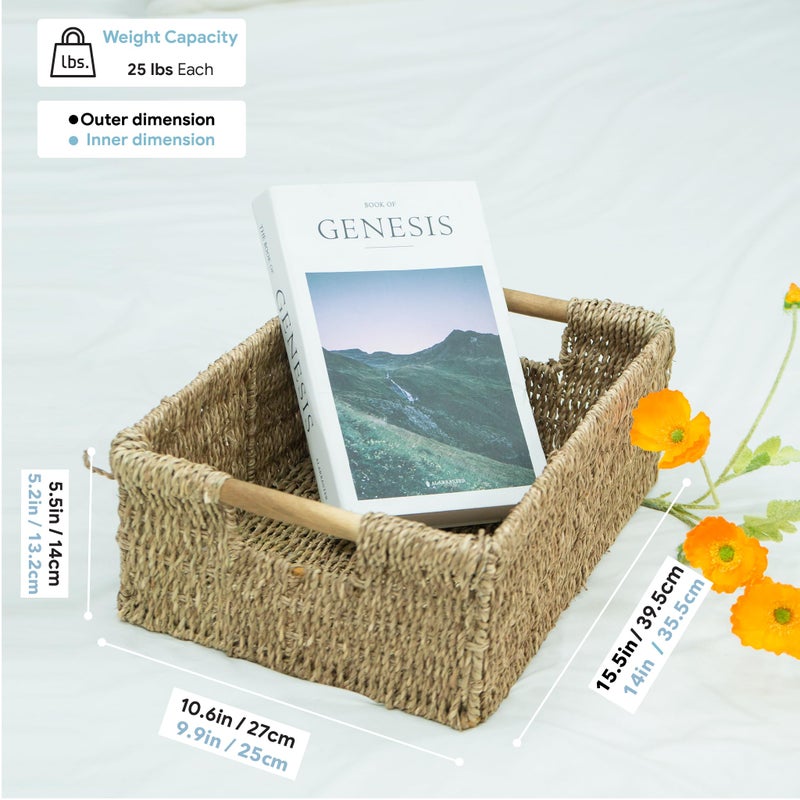 VATIMA Large Natural Wicker Basket Rectangular with Wooden Handles, Seagrass Storage for Organizing, Shelves 15.5 x 10.6 x 5.5 inches - Image 2