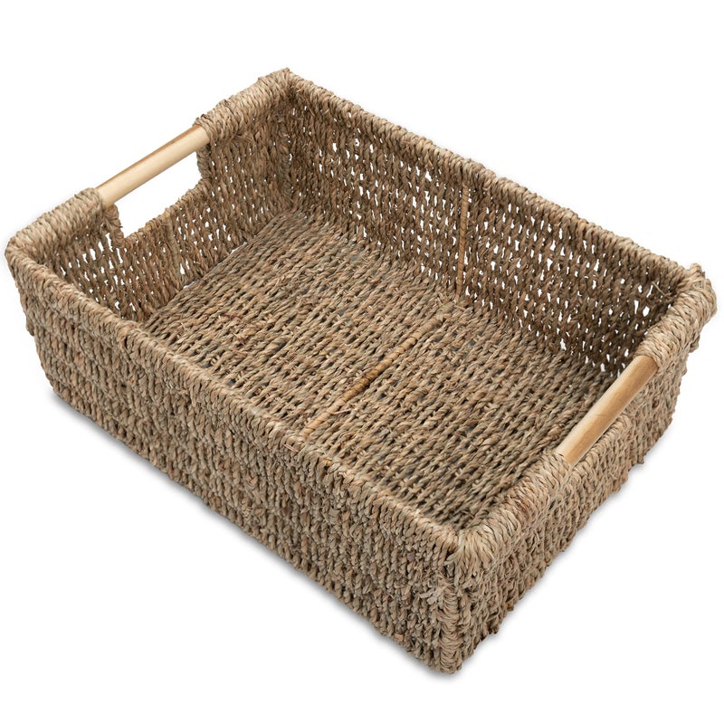 VATIMA Large Natural Wicker Basket Rectangular with Wooden Handles, Seagrass Storage for Organizing, Shelves 15.5 x 10.6 x 5.5 inches - Image 1