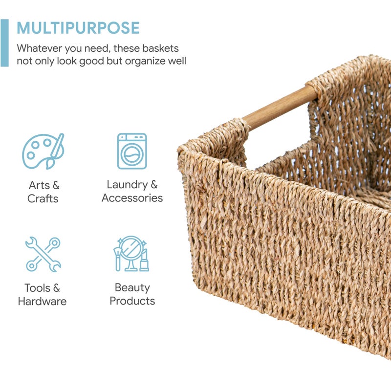 VATIMA Large Natural Wicker Basket Rectangular with Wooden Handles, Seagrass Storage for Organizing, Shelves 15.5 x 10.6 x 5.5 inches - Image 3