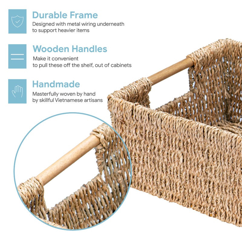 VATIMA Large Natural Wicker Basket Rectangular with Wooden Handles, Seagrass Storage for Organizing, Shelves 15.5 x 10.6 x 5.5 inches - Image 4