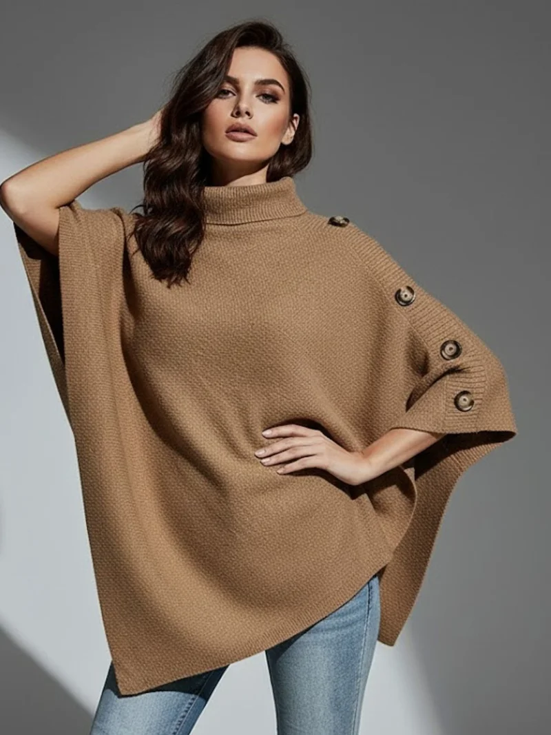 OUTZIDR Brown Turtle Neck Cape Style Sweater