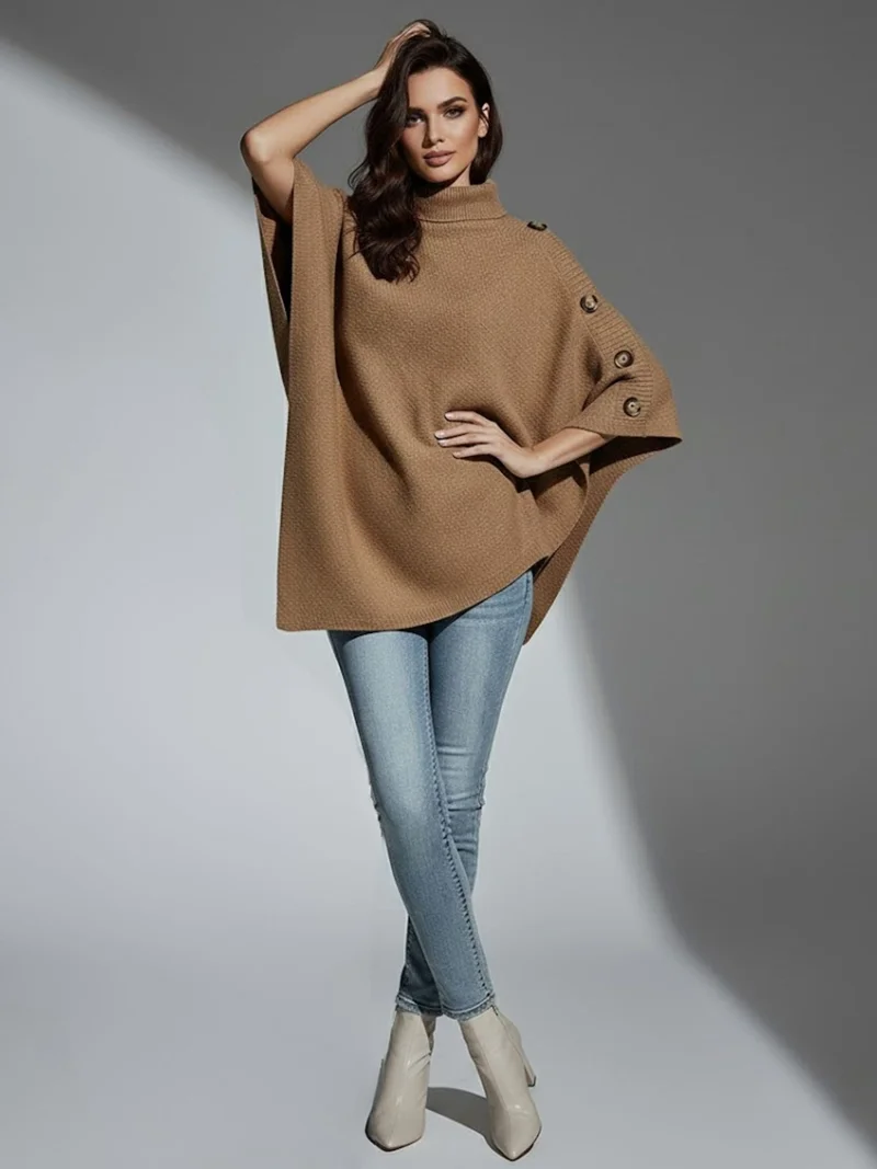 OUTZIDR Brown Turtle Neck Cape Style Sweater