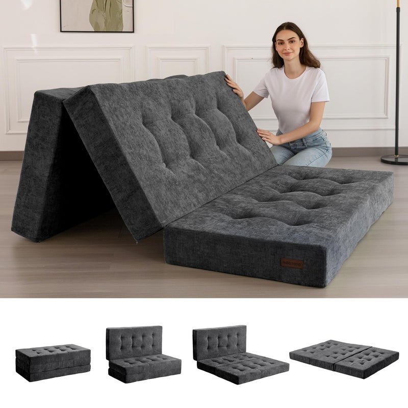 MAXYOYO Tri-Fold Mattress, 6 Inch Tufted Folding Mattress with Chenille Fabric, Portable Twin Size Floor Guest Mat for Adults, Foldable Topper for Camping, Dark Grey, 35.4"x75" - Image 1