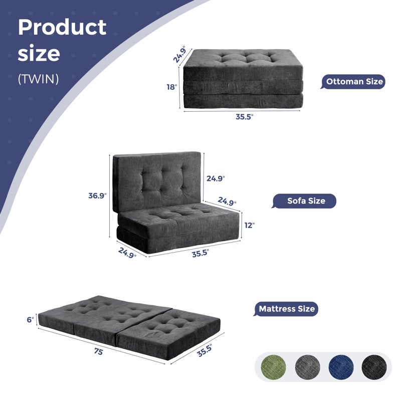 MAXYOYO Tri-Fold Mattress, 6 Inch Tufted Folding Mattress with Chenille Fabric, Portable Twin Size Floor Guest Mat for Adults, Foldable Topper for Camping, Dark Grey, 35.4"x75" - Image 2