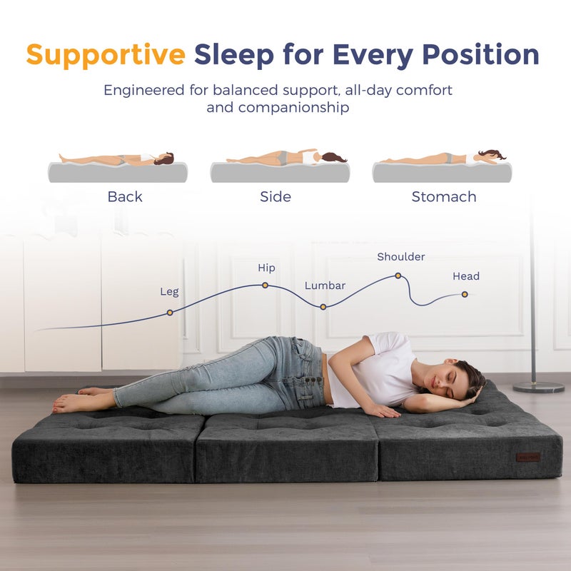 MAXYOYO Tri-Fold Mattress, 6 Inch Tufted Folding Mattress with Chenille Fabric, Portable Twin Size Floor Guest Mat for Adults, Foldable Topper for Camping, Dark Grey, 35.4"x75" - Image 4