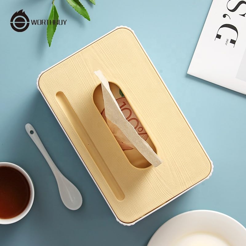 WENGTY Multi Function Tissue Storage Box with Square Shape Wooden Cover Plastic Tissue Box Holder | Paper Napkin Holder Case | Tissue Holder Dispenser Organizer for Car Decor Home Room Hotel - Image 3