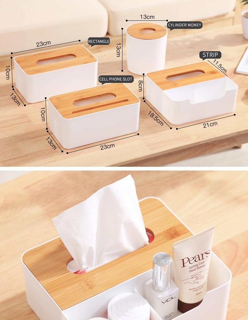 WENGTY Multi Function Tissue Storage Box with Square Shape Wooden Cover Plastic Tissue Box Holder | Paper Napkin Holder Case | Tissue Holder Dispenser Organizer for Car Decor Home Room Hotel - Image 4