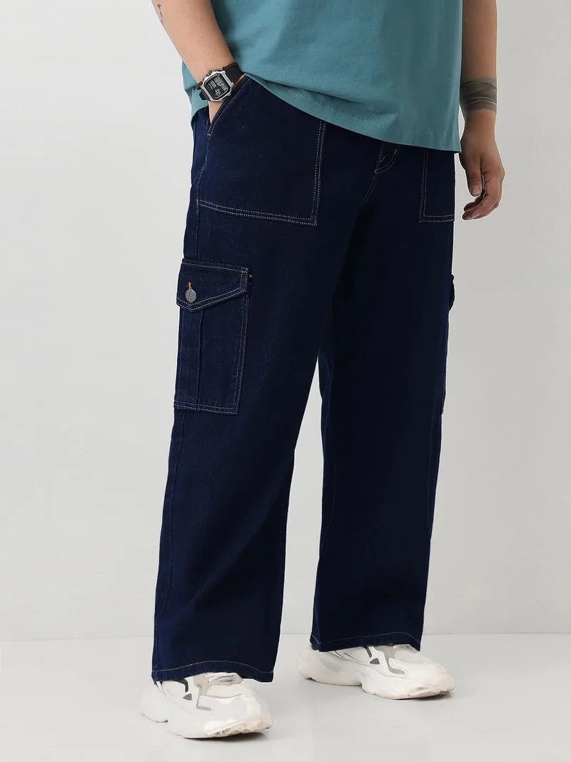 Urbano Plus Men's Dark Blue Loose Fit Cargo Jeans with 6 Pockets Non-Stretchable