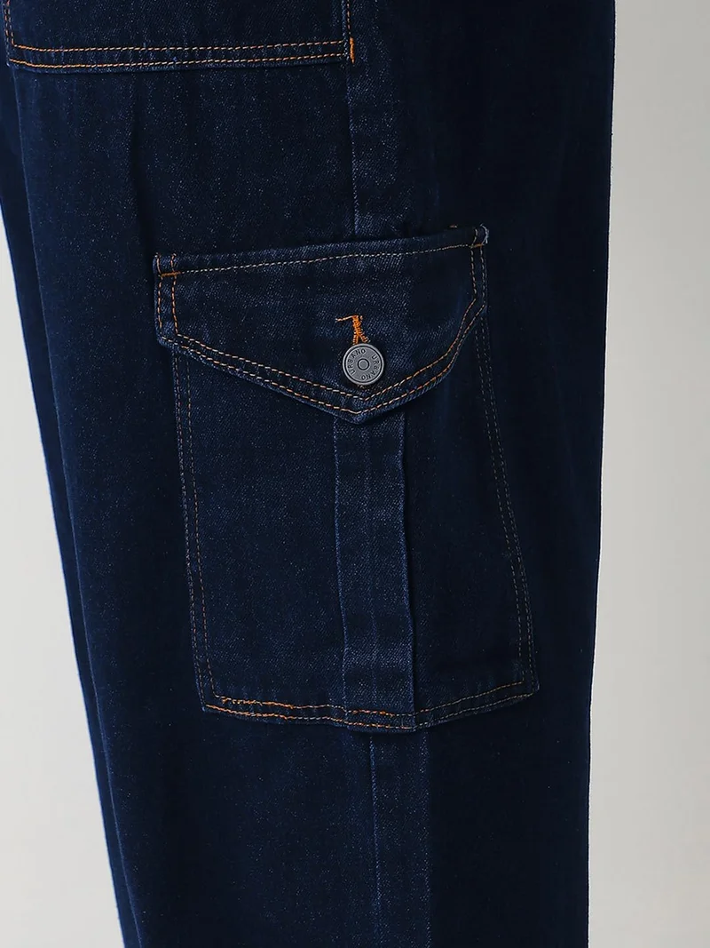 Urbano Fashion  Urbano Plus Men's Dark Blue Loose Fit Cargo Jeans with 6 Pockets Non-Stretchable  | Best Price UAE