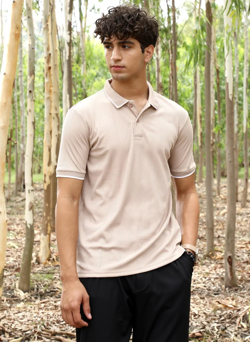 Campus Sutra Campus Sutra Men's Ecru Beige Ribbed-Vined Textured Polo T-Shirt | Polo Neck , Short Sleeve Ribbed Cuff Sleeves , Half-Button Closure | Solid Textured | Cotton-Blend T-Shirt For Casual Wear