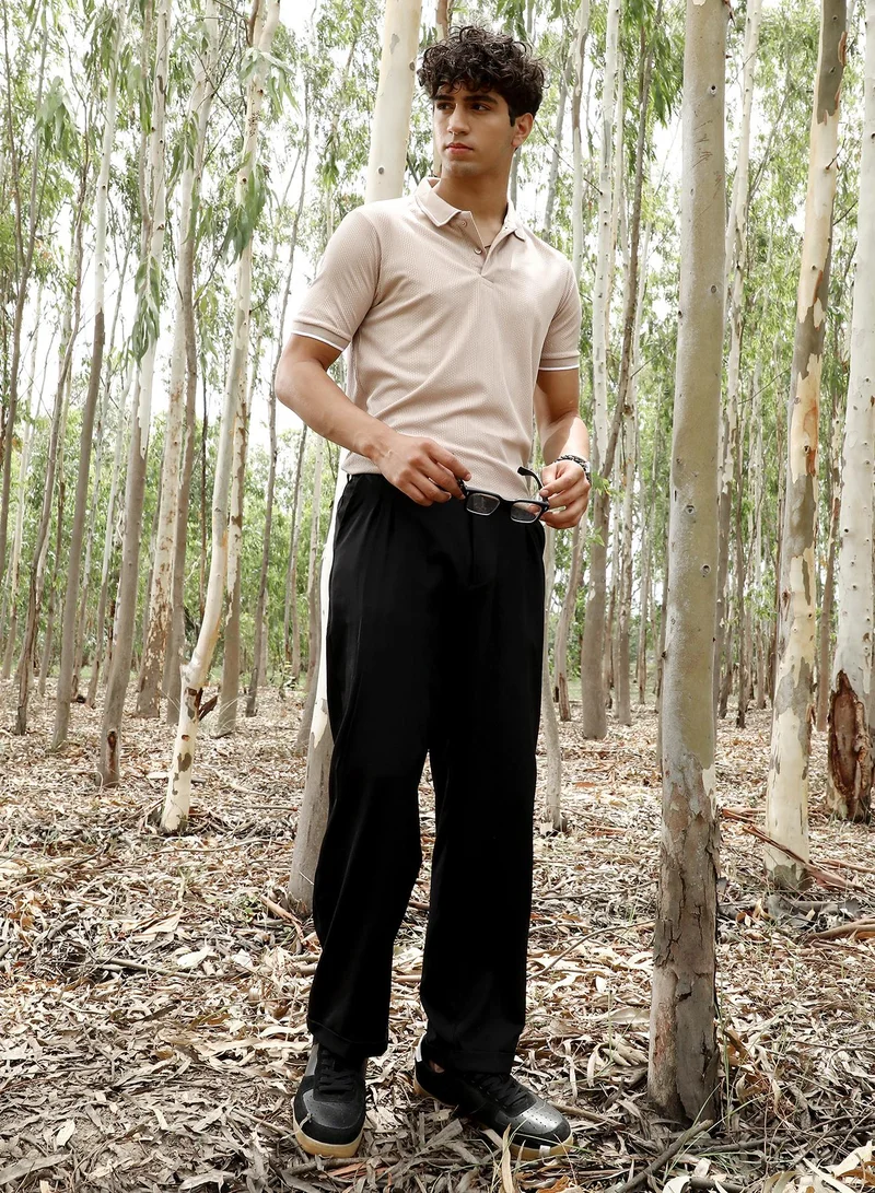 Campus Sutra Campus Sutra Men's Ecru Beige Ribbed-Vined Textured Polo T-Shirt | Polo Neck , Short Sleeve Ribbed Cuff Sleeves , Half-Button Closure | Solid Textured | Cotton-Blend T-Shirt For Casual Wear