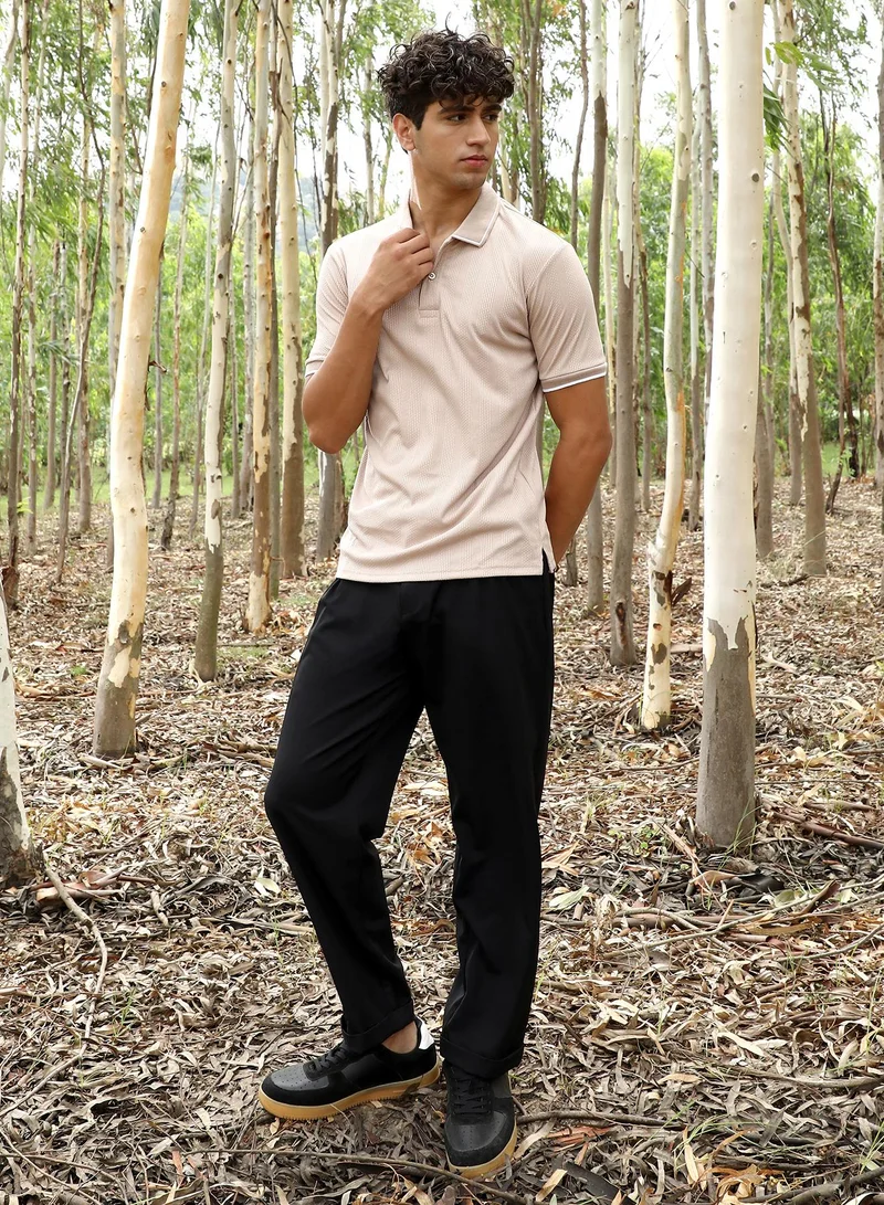 Campus Sutra Campus Sutra Men's Ecru Beige Ribbed-Vined Textured Polo T-Shirt | Polo Neck , Short Sleeve Ribbed Cuff Sleeves , Half-Button Closure | Solid Textured | Cotton-Blend T-Shirt For Casual Wear