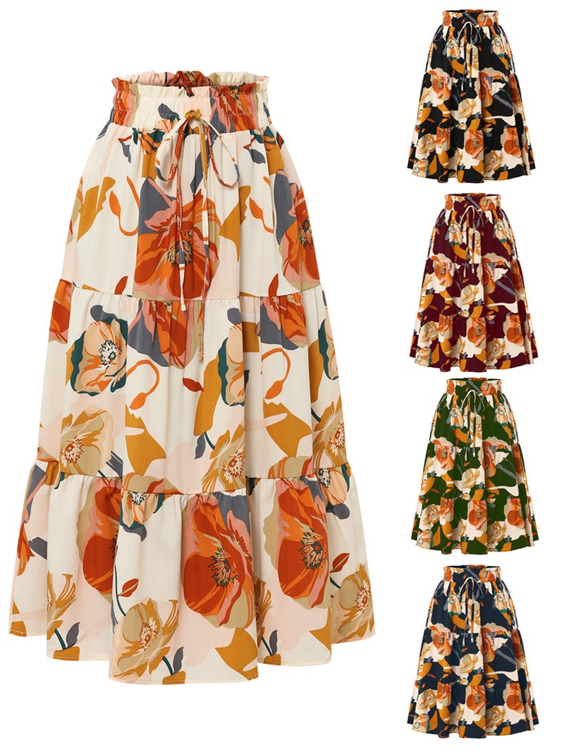 A-Line Skirt and Export Pleated Skirt Autumn Floral Print Elastic Waist Skirt - Image 3