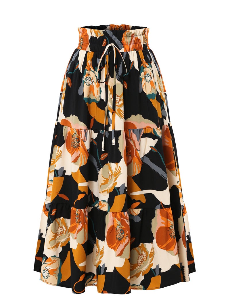 A-Line Skirt and Export Pleated Skirt Autumn Floral Print Elastic Waist Skirt - Image 4