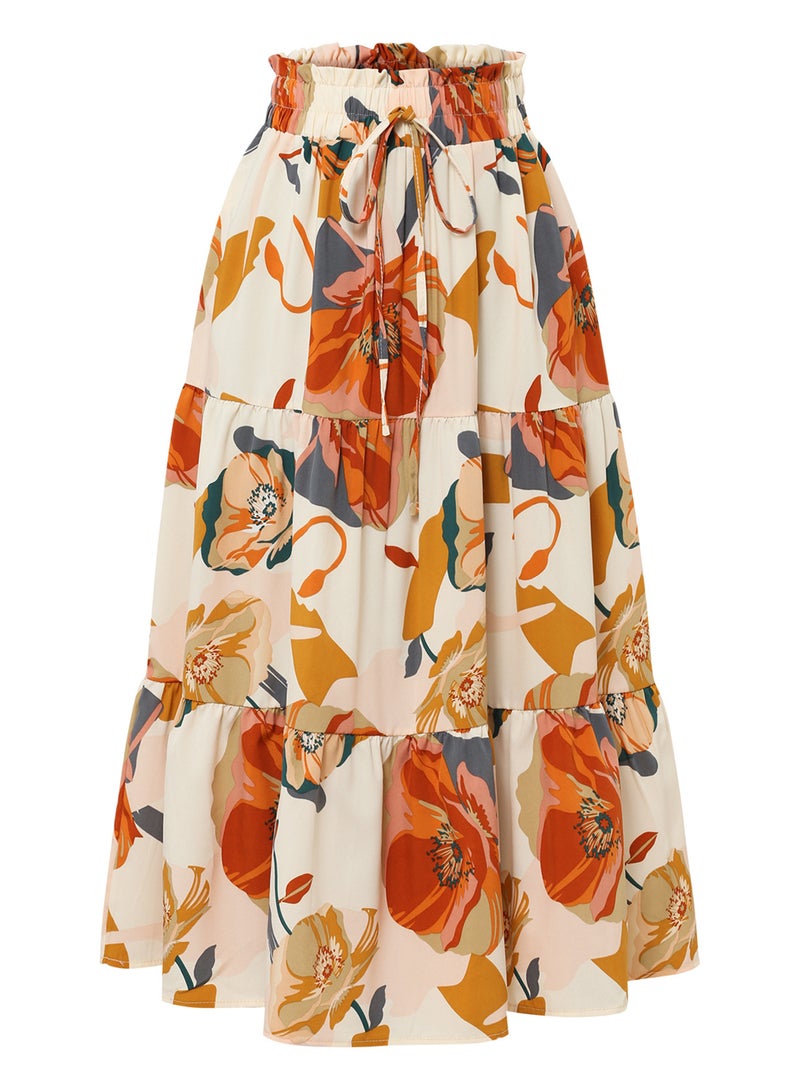 A-Line Skirt and Export Pleated Skirt Autumn Floral Print Elastic Waist Skirt - Image 2