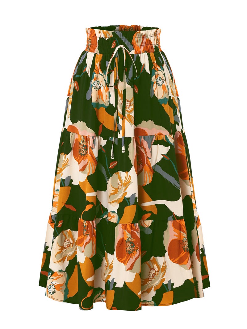 A-Line Skirt and Export Pleated Skirt Autumn Floral Print Elastic Waist Skirt - Image 5