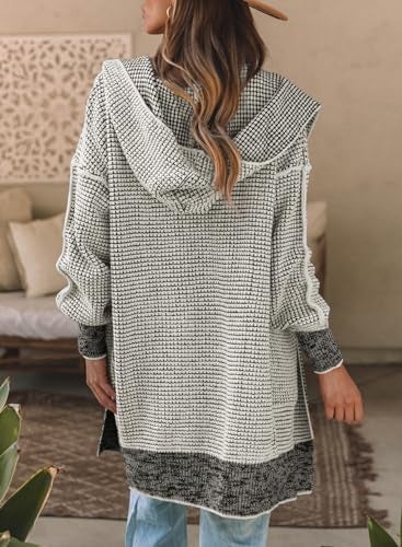 Sidefeel Cardigan Sweaters for Women Oversized Plaid Loose Fit Hooded Open Front Sweater 2024 Trendy Gray Large - Image 4
