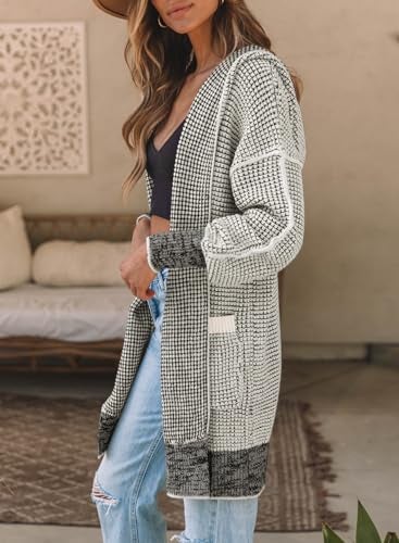 Sidefeel Cardigan Sweaters for Women Oversized Plaid Loose Fit Hooded Open Front Sweater 2024 Trendy Gray Large - Image 3