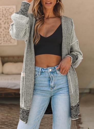 Sidefeel Cardigan Sweaters for Women Oversized Plaid Loose Fit Hooded Open Front Sweater 2024 Trendy Gray Large - Image 2