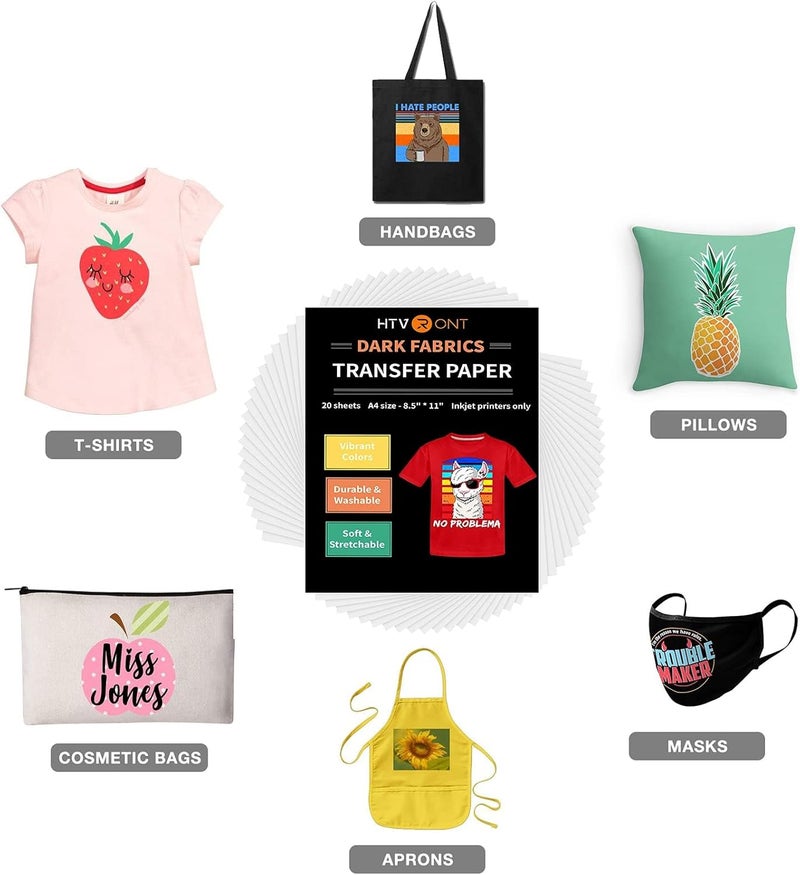 HTVRONT ورق نقل الحرارة للتي شيرتات 20 ورقة، 8.5" × 11" فينيل نقل الحرارة القابل للطباعة، ألوان زاهية وورق نقل حراري متين للأقمشة الداكنة - Image 2