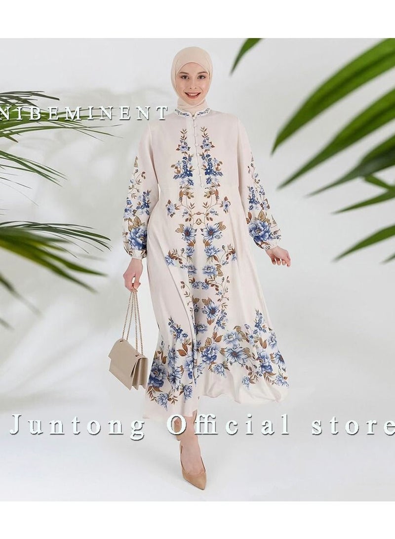 NIBEMINENT Maxi Dress for Women Long Sleeve Dress Muslim  Women's Print Solid Sweet Standing Neck Long Sleeve Plant Flower Dress  - Image 1