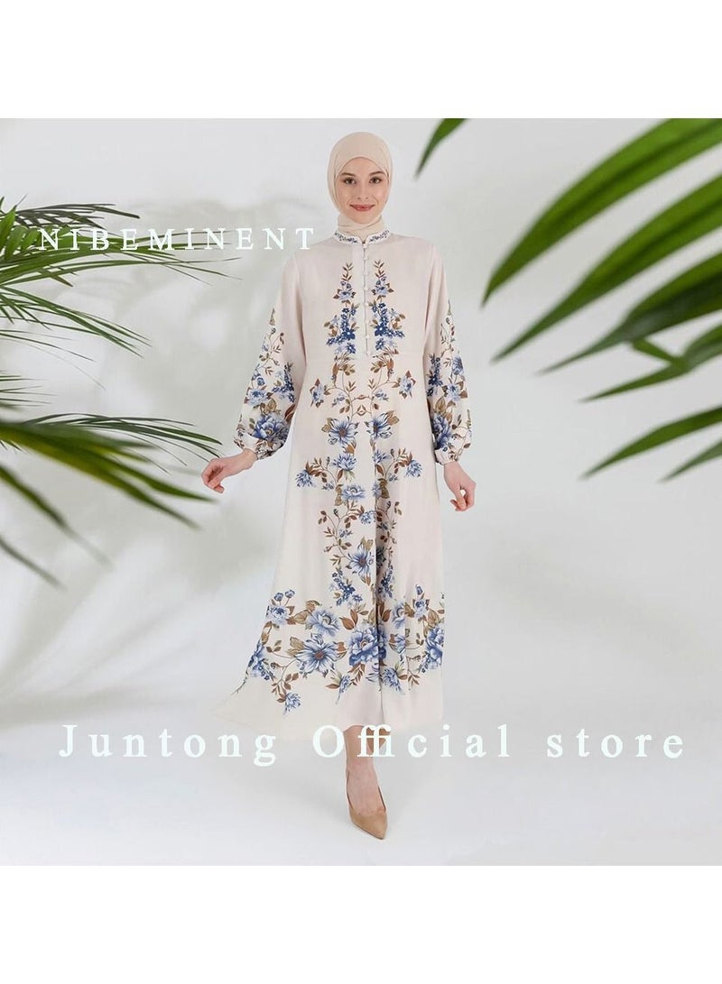 NIBEMINENT Maxi Dress for Women Long Sleeve Dress Muslim  Women's Print Solid Sweet Standing Neck Long Sleeve Plant Flower Dress  - Image 3