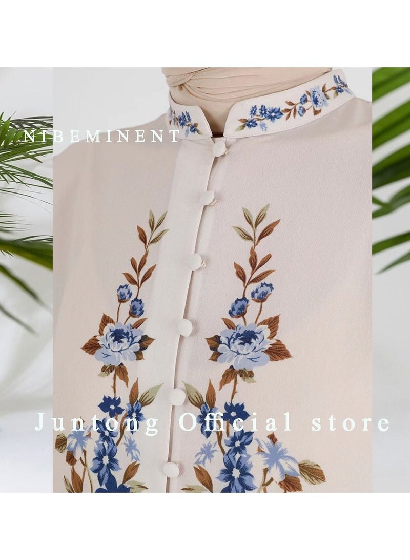 NIBEMINENT Maxi Dress for Women Long Sleeve Dress Muslim  Women's Print Solid Sweet Standing Neck Long Sleeve Plant Flower Dress  - Image 5