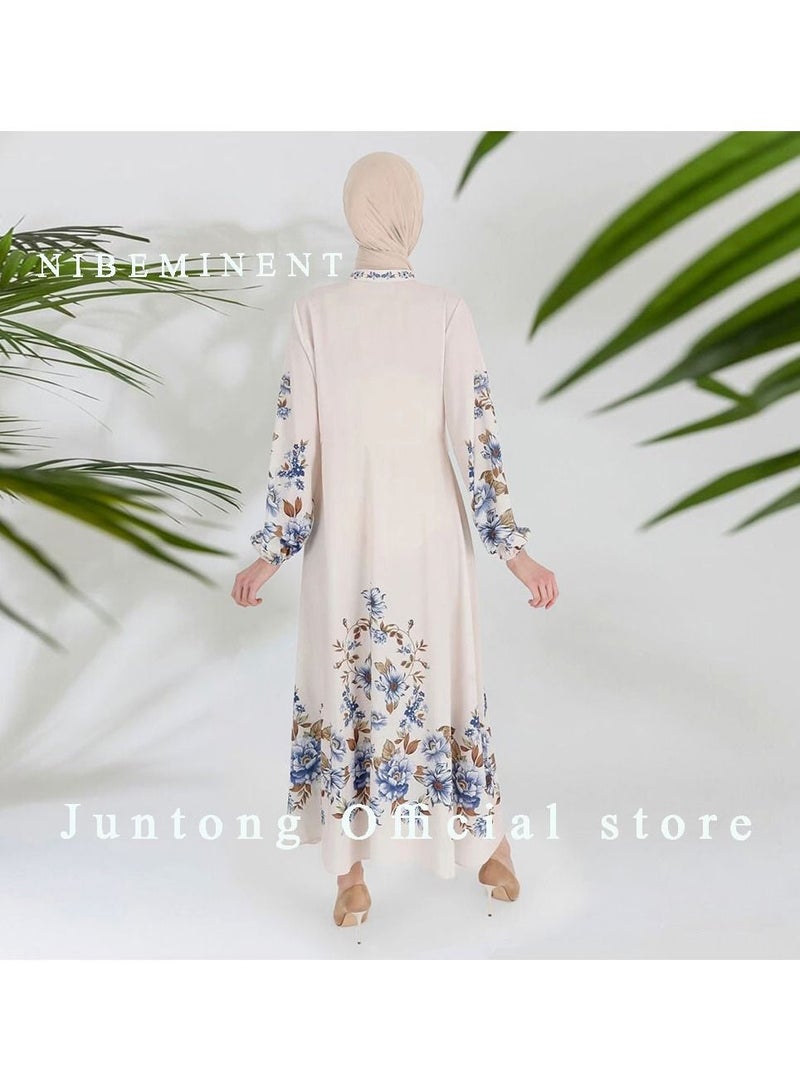 NIBEMINENT Maxi Dress for Women Long Sleeve Dress Muslim  Women's Print Solid Sweet Standing Neck Long Sleeve Plant Flower Dress  - Image 4
