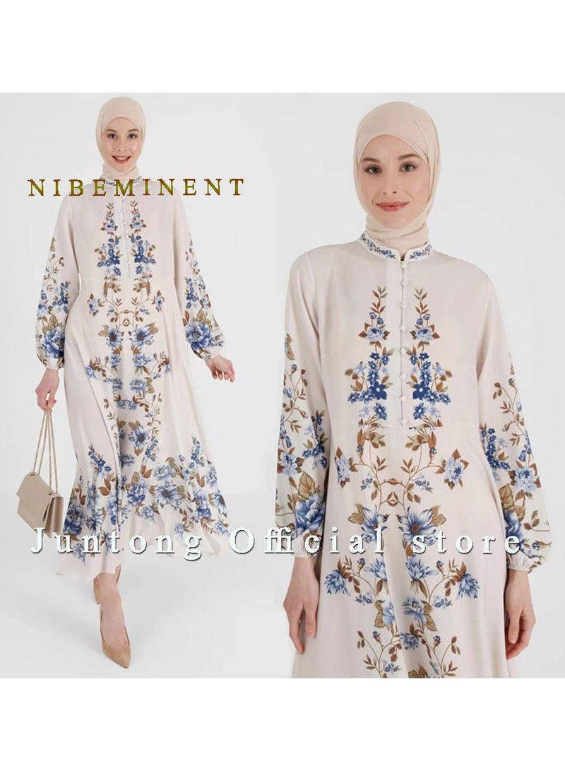 NIBEMINENT Maxi Dress for Women Long Sleeve Dress Muslim  Women's Print Solid Sweet Standing Neck Long Sleeve Plant Flower Dress  - Image 2