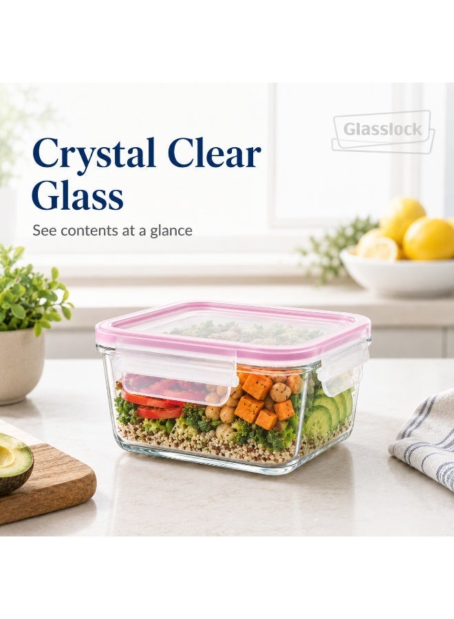 Glasslock Premium Glass Food Storage Container 900ml Square Airtight BPA Free Locking Lid Microwave Freezer Dishwasher Safe Meal Prep Lunch Box for Home Office School Pink - Image 4