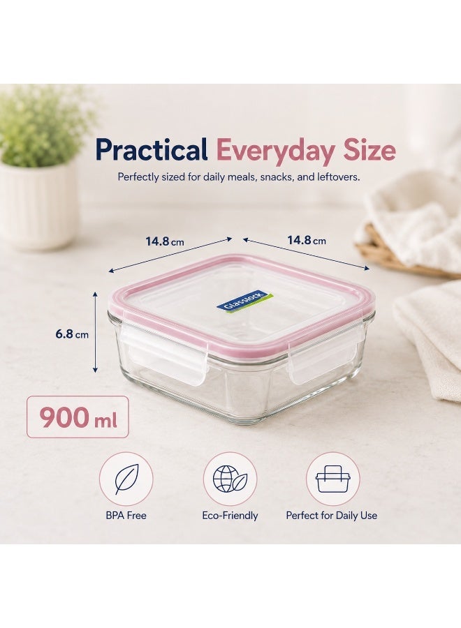 Glasslock Premium Glass Food Storage Container 900ml Square Airtight BPA Free Locking Lid Microwave Freezer Dishwasher Safe Meal Prep Lunch Box for Home Office School Pink - Image 2
