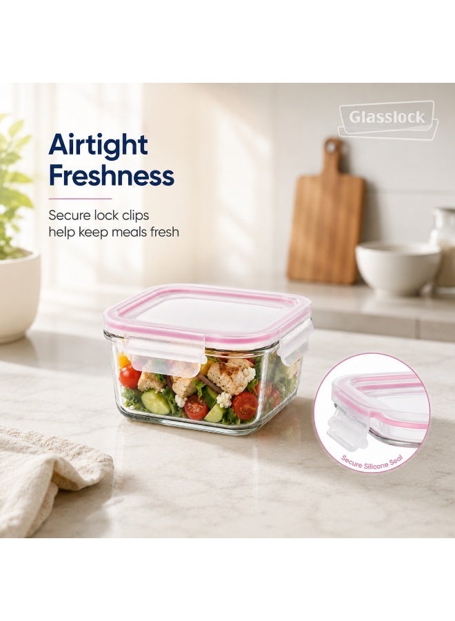 Glasslock Premium Glass Food Storage Container 900ml Square Airtight BPA Free Locking Lid Microwave Freezer Dishwasher Safe Meal Prep Lunch Box for Home Office School Pink - Image 5