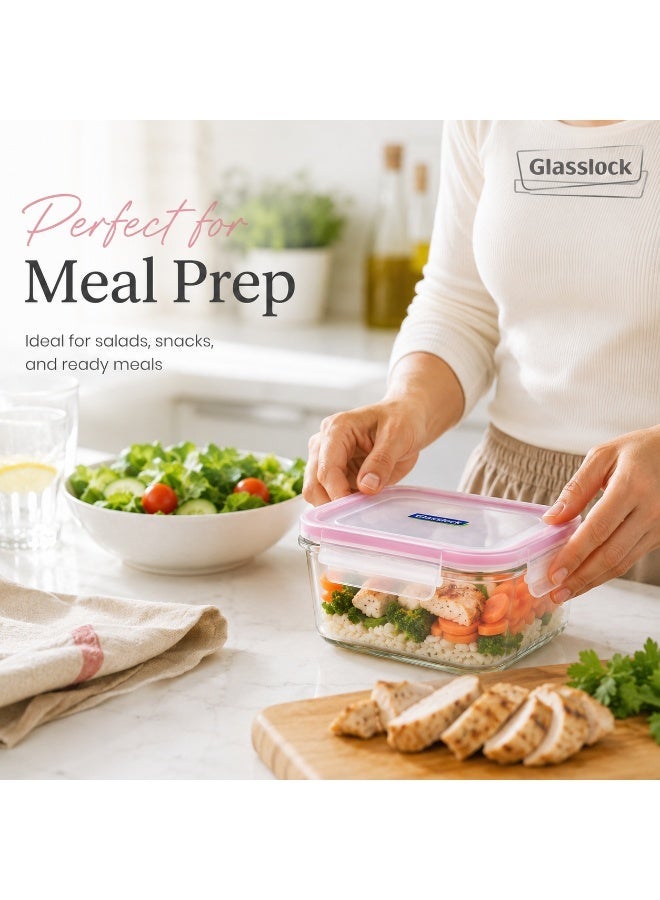 Glasslock Premium Glass Food Storage Container 900ml Square Airtight BPA Free Locking Lid Microwave Freezer Dishwasher Safe Meal Prep Lunch Box for Home Office School Pink - Image 3