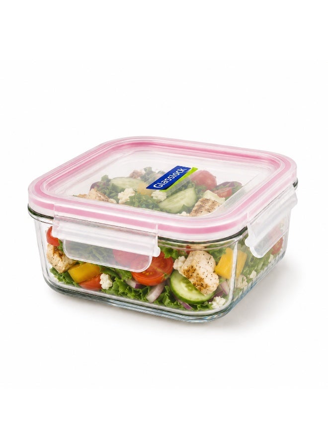 Glasslock Premium Glass Food Storage Container 900ml Square Airtight BPA Free Locking Lid Microwave Freezer Dishwasher Safe Meal Prep Lunch Box for Home Office School Pink - Image 1