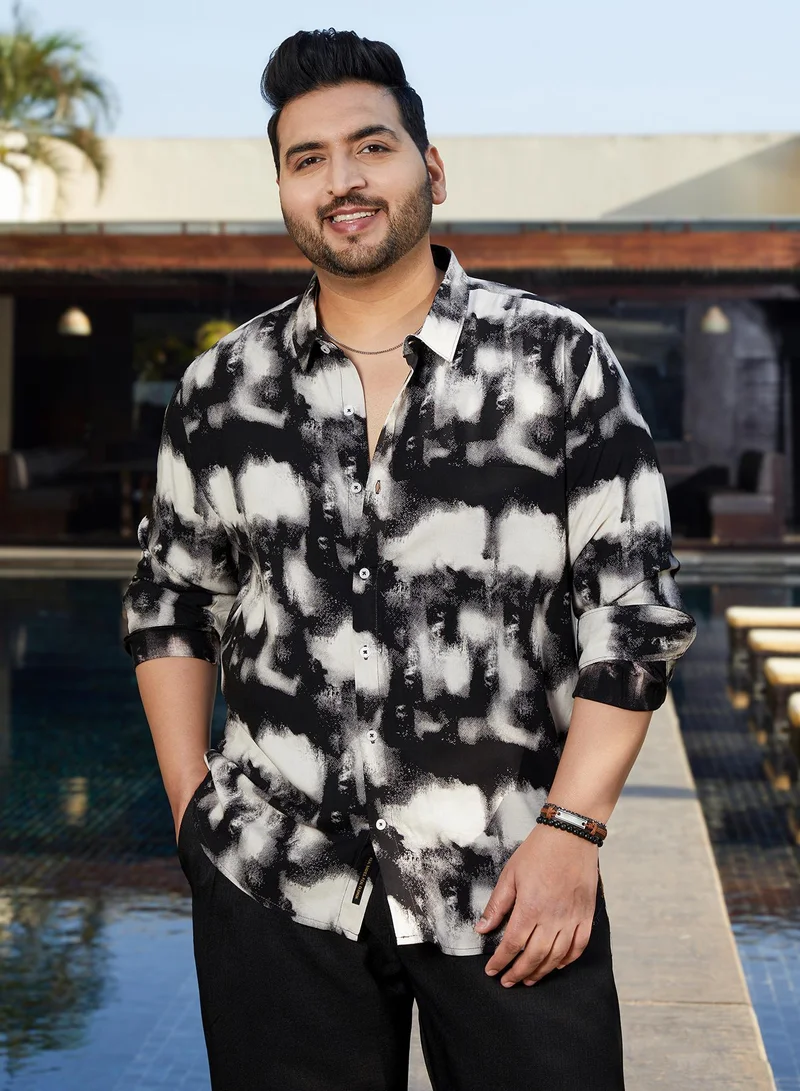 Instafab Plus Men's Onyx Black Textured Brushwork Shirt For Casual Wear | Spread Collar | Long Cuffed Sleeves | Button Closure | Plus Size Shirt Crafted With Comfort Fit For Everyday Wear