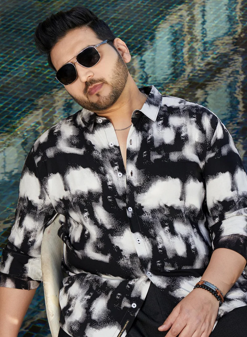 Instafab Plus Men's Onyx Black Textured Brushwork Shirt For Casual Wear | Spread Collar | Long Cuffed Sleeves | Button Closure | Plus Size Shirt Crafted With Comfort Fit For Everyday Wear